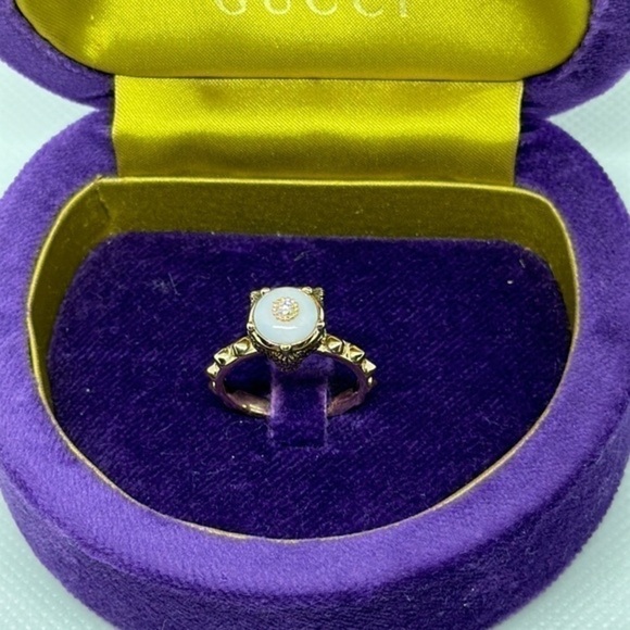GUCCI 18k 3 diamonds pink opal real‎ diamonds 3 jaguar head 100% real - Picture 1 of 15